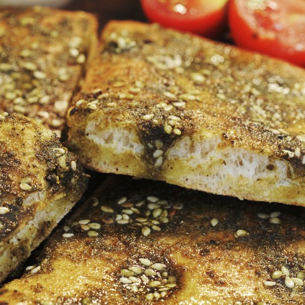 Lebanese bread topped with za'atar, a spice mix ubiquitous in the Middle East.